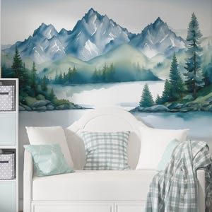 Mountain Watercolor Wall Mural, Nature Landscape Wallpaper, Lake Forest Wall Decor, Self-Adhesive Removable Mural, Scenic Mountain Wallpaper