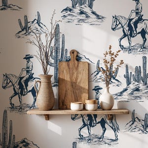White hand drawn western wallpaper, cactus living room pattern wall covering paper, removable cowboy kitchen wild west southwestern decor