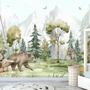 Pine Tree Forest Wallpaper for Kids Nursery Removable, Watercolor Bear Wall Mural Self-Adhesive, Woodland Animals Wallpaper Peel & Stick