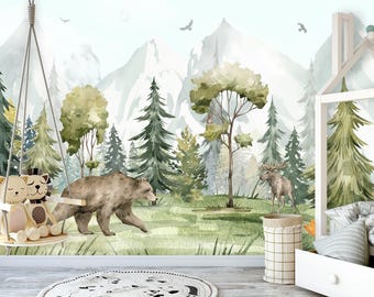 Pine Tree Forest Wallpaper for Kids Nursery Removable, Watercolor Bear Wall Mural Self-Adhesive, Woodland Animals Wallpaper Peel & Stick