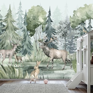 Woodland Animals Wallpaper Mural Bedroom, Forest Wallpaper Nursery Removable, Watercolor Deer Family Wall Decor Peel & Stick Adhesive Woven