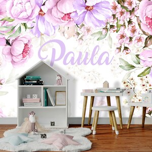 Floral Wallpaper with Name Girl Bedroom Watercolor Peony Flowers Wallpaper Peel and Stick Personalized Wallpaper Peonies Nursery Adhesive image 3