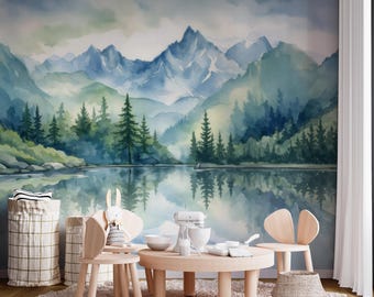 Watercolor Mountain Wall Mural, Nature Landscape Wallpaper, Lake Forest Wall Decor, Self-Adhesive Removable Mural, Scenic Mountain Wallpaper