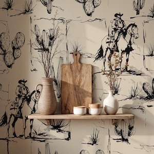Western hand drawn cowboy kitchen wallpaper, vintage cactus living room pattern wall covering paper, removable wild west southwestern decor