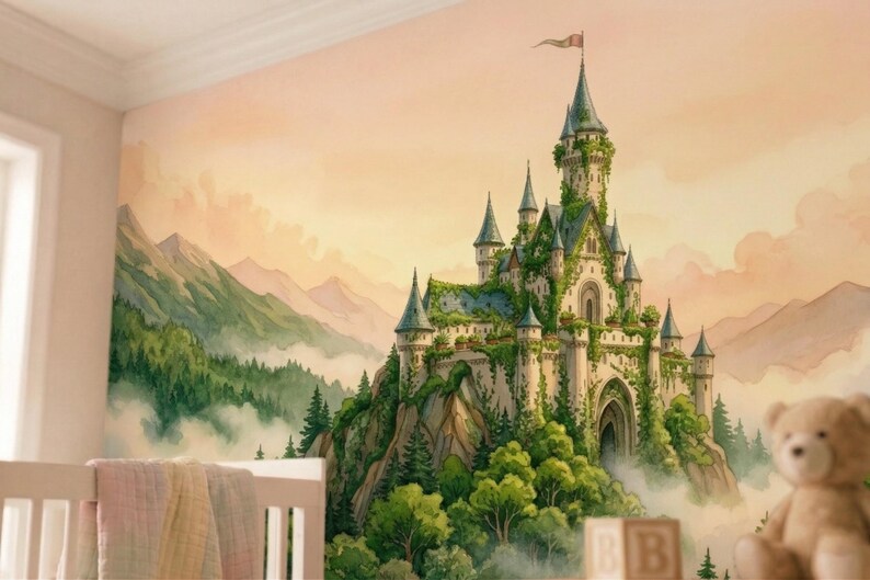 Watercolor Fairytale Castle Wall Mural, Magical Kingdom Wallpaper ...