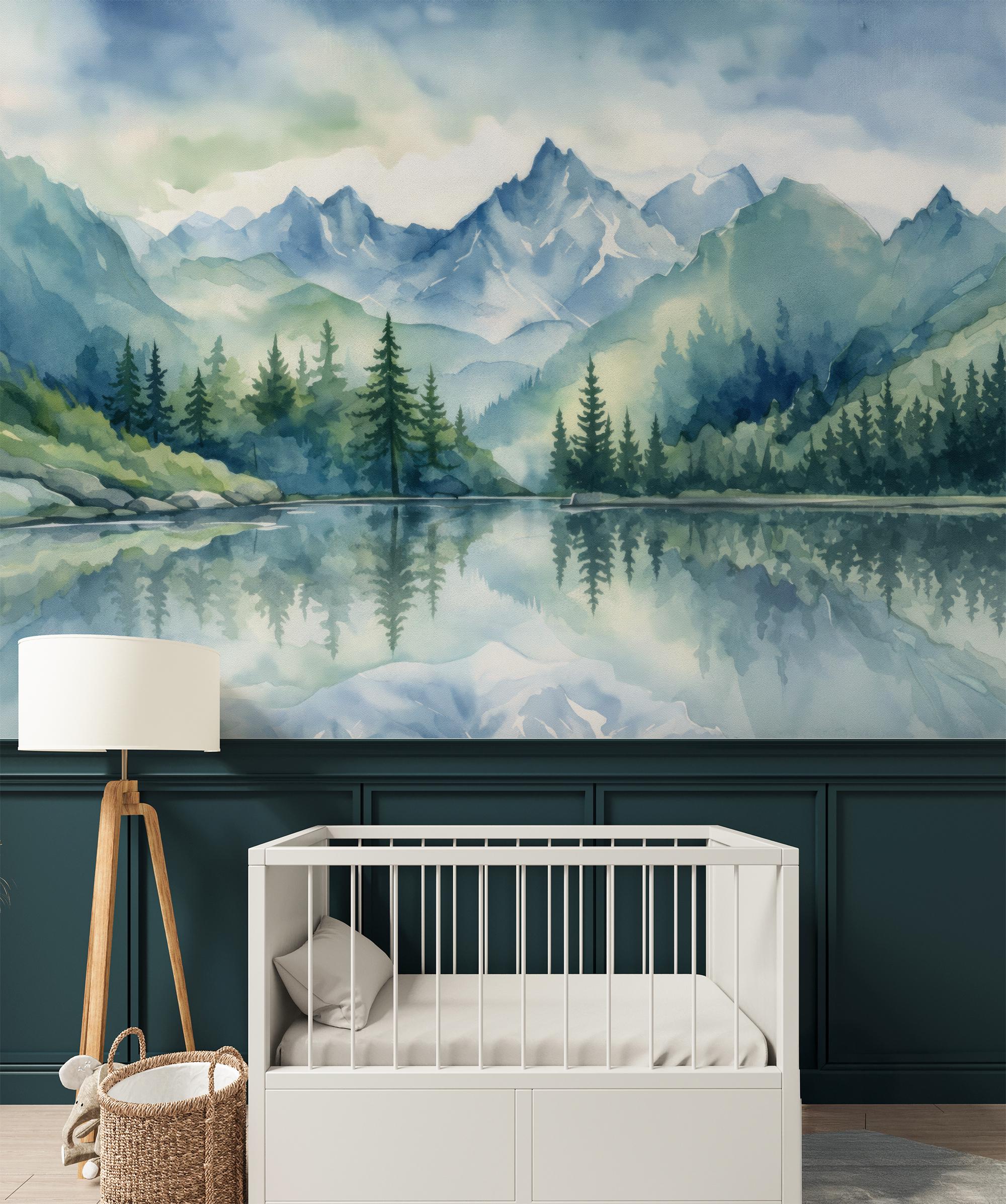 Watercolor Mountain Wall Mural, Nature Landscape Wallpaper, Lake Forest ...