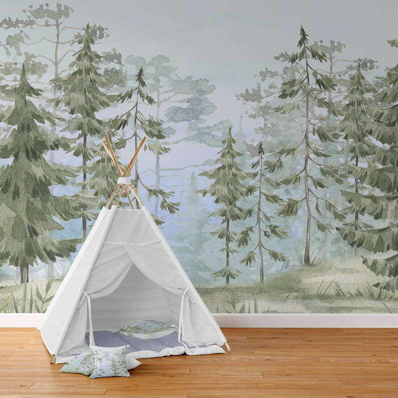 Watercolor Forest Wallpaper for Nursery Removable Pine Tree - Etsy