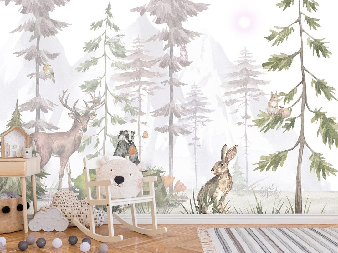 Watercolor Forest Wallpaper Nursery Removable, Woodland Animal Wall ...