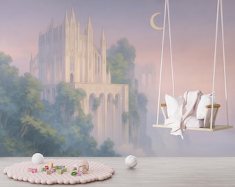 Pink Purple Fantasy Mural, Whimsical Castle Wallpaper, Celestial Wall Decor, Dreamy Nursery Wallpaper, Princess Castle Wall Mural