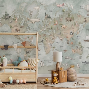 Kids World Map Wallpaper Mural, Nursery Animal Map Wall Art, Large Watercolor World Map Decal, Neutral Toddler Room Decor, Peel and Stick