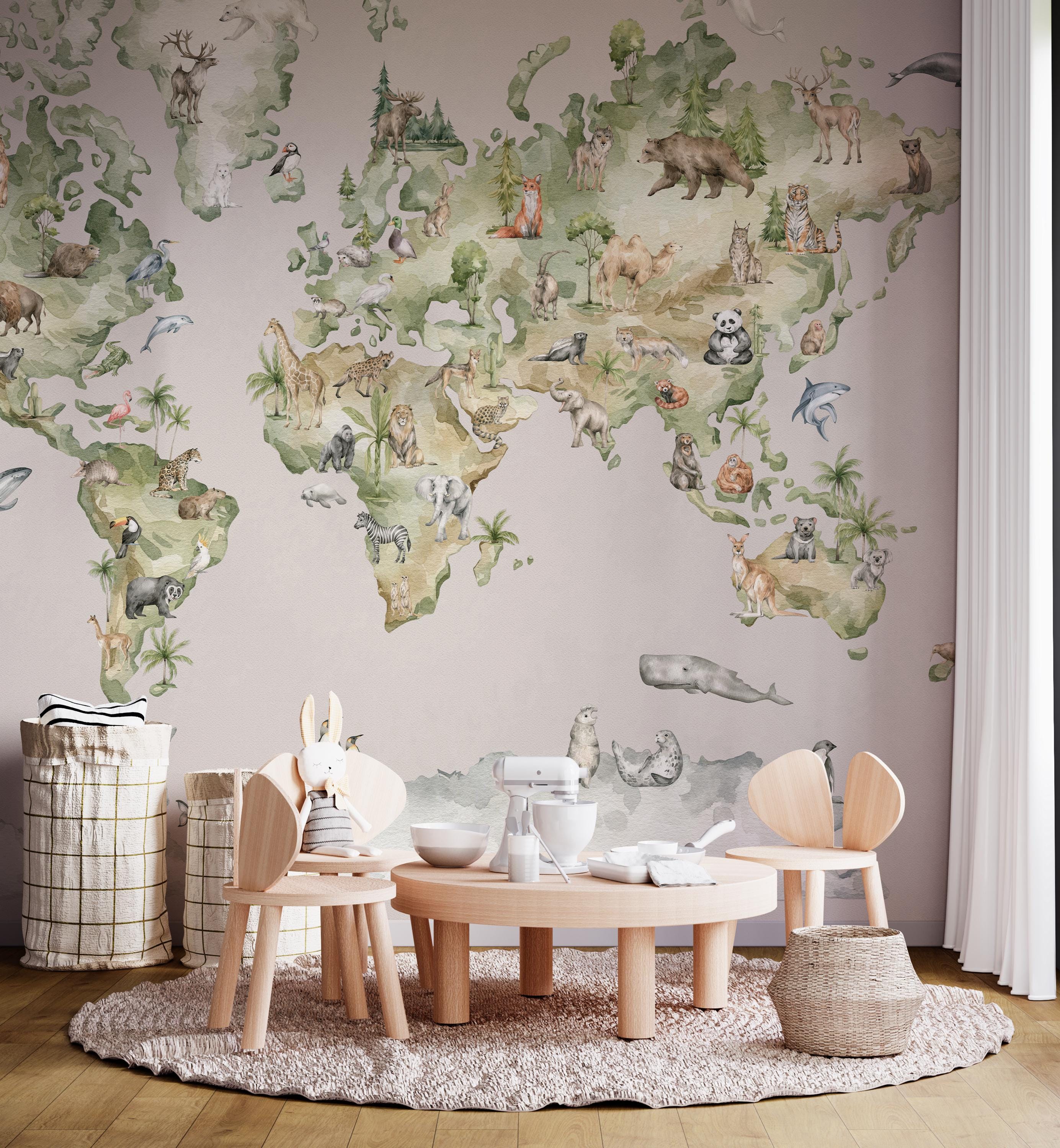 Kids World Map Wall Mural – Watercolor Animal Map Wallpaper, Nursery ...
