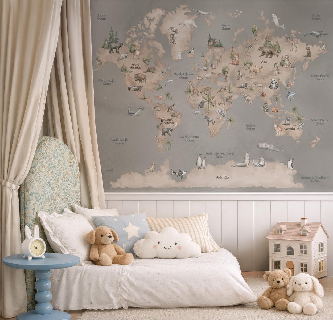 Animal World Map Wallpaper Mural for Kids Room, Neutral Nursery Wall ...