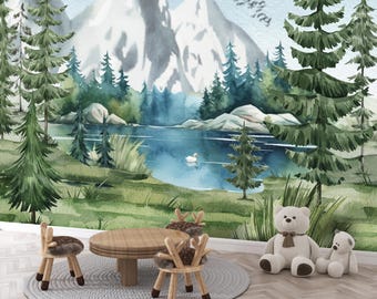 Watercolor Mountain Lake Mural, Pine Forest Wallpaper, Peel and Stick Wall Art, Serene Landscape for Nursery or Living Room Decor