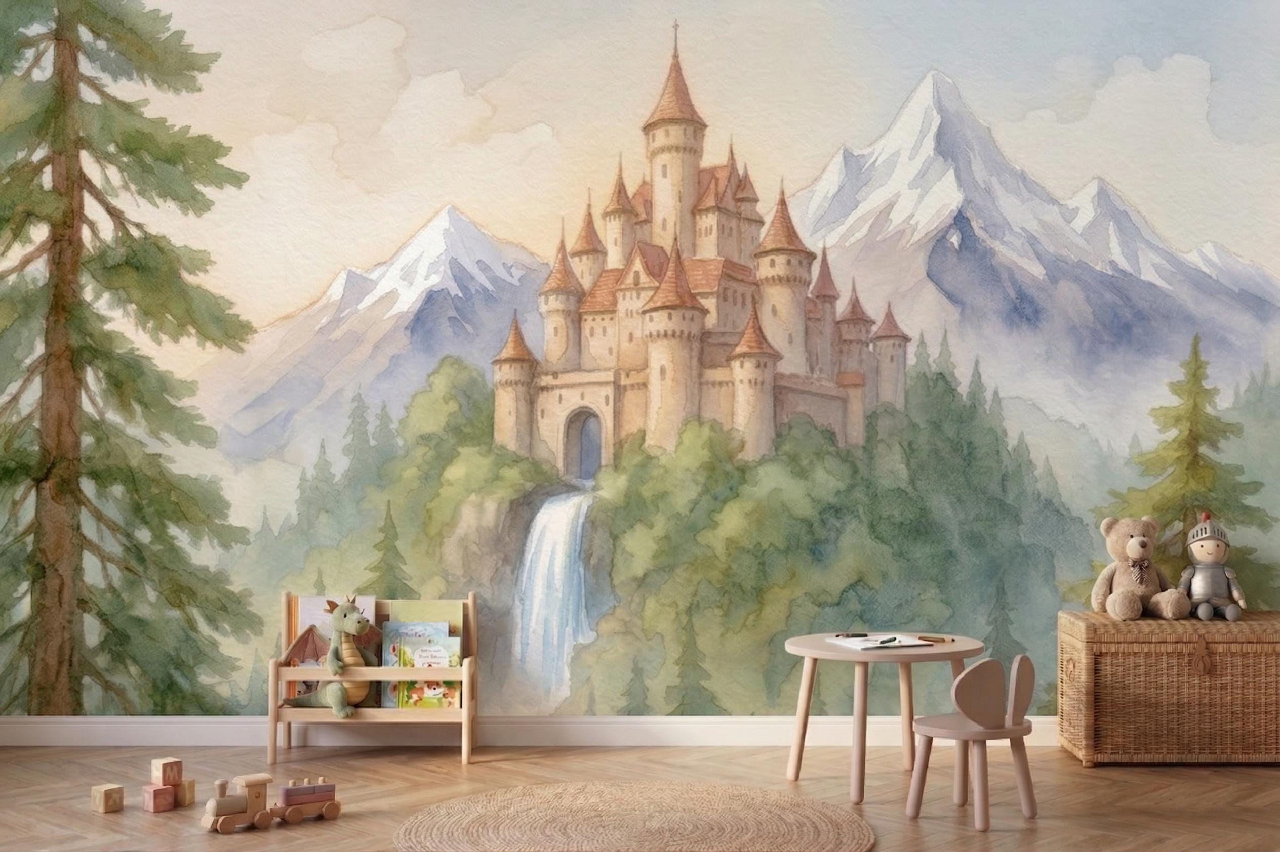 Watercolor Waterfall Castle Wall Mural, Snowy Mountain Fairytale ...