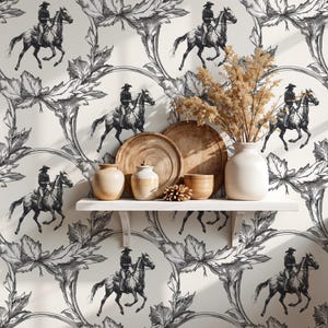 White western cowboy wallpaper, cactus nursery hand drawn wall covering removable paper, pattern horse wild west living room  accent decor