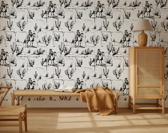 Rustic Farmhouse Wallpaper, Western Cowboy Wallpaper, Peel and Stick Cowboy Non Woven, Black and White Wallpaper, Removable Wall Decor