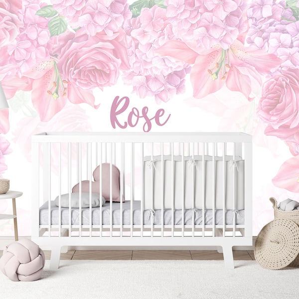 Peony Wallpaper with Name Girl Nursery Watercolor Peony Flowers Wallpaper Peel and Stick Personalized Wallpaper Floral Bedroom Toddler Room