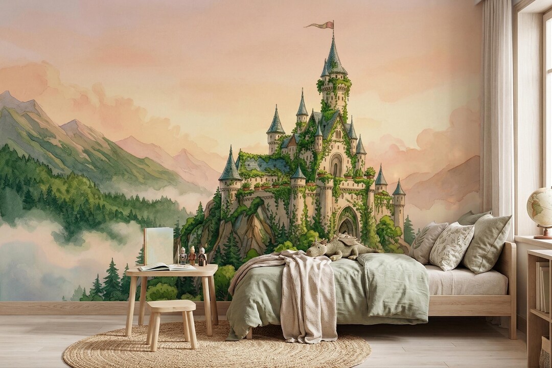 Watercolor Fairytale Castle Wall Mural, Magical Kingdom Wallpaper ...