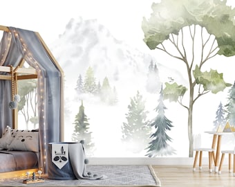 Forest Peel and Stick Wallpaper Baby Nursery Landscape Wallpaper Mural Bedroom Mountain Wall paper Kids Room Woven Playroom Neutral Wall Art