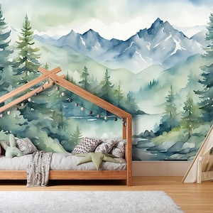 Watercolor Forest Wallpaper Peel and Stick Kids Room, Blue Ombre Mountain Wall Mural Nursery, Magic Forest Wall paper Removable Decor SO601 image 1