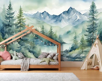Watercolor Forest Wallpaper Peel and Stick Kids Room, Blue Ombre Mountain Wall Mural Nursery, Magic Forest Wall paper Removable Decor SO601