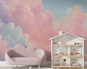 Pastel Cloud Wall Mural, Pink and Blue Sky Wallpaper, Dreamy Nursery Wall Decor, Watercolor Removable Wallpaper, Peel and Stick Wallpaper