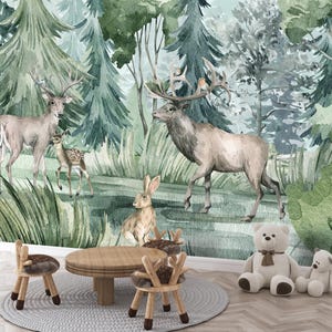 Watercolor Forest Deer Wall Mural, Woodland Animal Wallpaper, Fawn Nursery Decor, Kids Room Nature Theme, Peel and Stick Removable