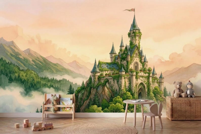 Watercolor Fairytale Castle Wall Mural, Magical Kingdom Wallpaper ...