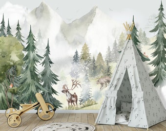 Woodland Animals Wallpaper Mural Bedroom, Forest Wallpaper Nursery Removable Watercolor Mountain Wallpaper Deer Beer Wall Decor Peel & Stick