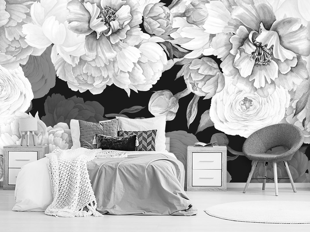Black and White Peony Wallpaper Peony Flower Wall Mural Etsy Canada