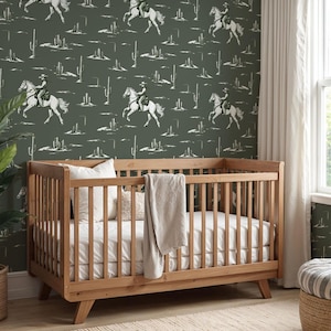 Western green hand drawn wallpaper, cowboy wall covering removable rustic paper, wild west horse baby shower and Birthday backdrop