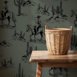 Dark western wallpaper, cactus living room pattern wall covering paper, removable cowboy kitchen wild west southwestern hand drawn decor