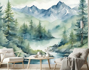 Watercolor Mountain Forest Mural, Misty Lake Landscape Wallpaper, Pine Tree Nursery Decor, Nature Kids Room, Peel and Stick Removable