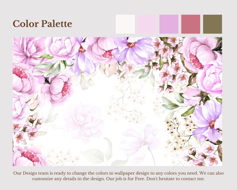 Floral Wallpaper with Name Girl Bedroom Watercolor Peony Flowers Wallpaper Peel and Stick Personalized Wallpaper Peonies Nursery Adhesive image 5