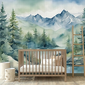 Watercolor Forest Wallpaper Peel and Stick Kids Room, Blue Ombre Mountain Wall Mural Nursery, Magic Forest Wall paper Removable Decor SO601 image 3