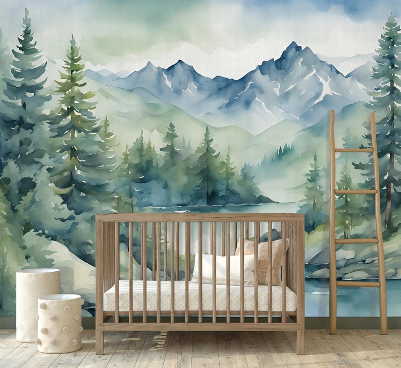 Watercolor Forest Wallpaper Peel and Stick Kids Room, Blue Ombre Mountain Wall Mural Nursery, Magic Forest Wall paper Removable Decor SO601 image 3