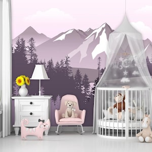 Mountain Wallpaper for Bedroom Girl Removable, Mountain Mural Nursery Peel and Stick Fabric Wallpaper Adhesive Pastel Bedroom Mural