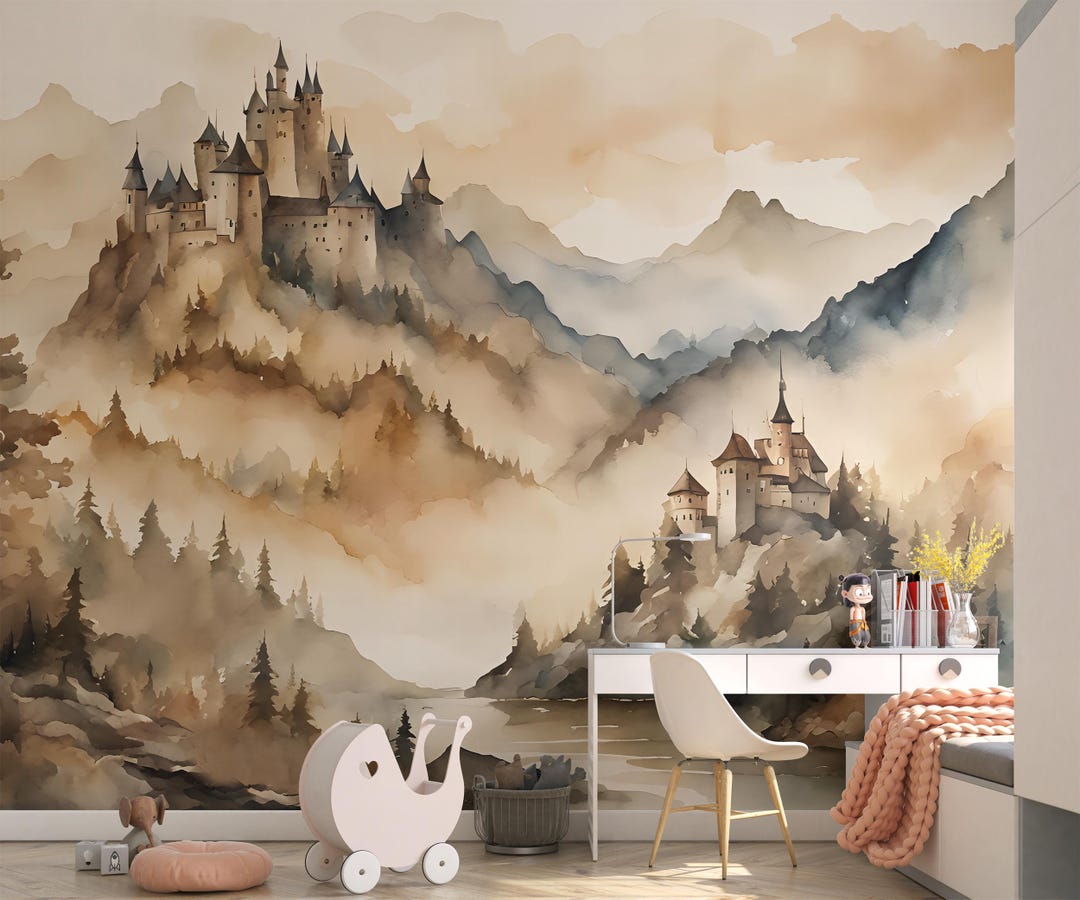 Watercolor Fairytale Castle Wallpaper, Vintage Mountain Landscape Wall ...