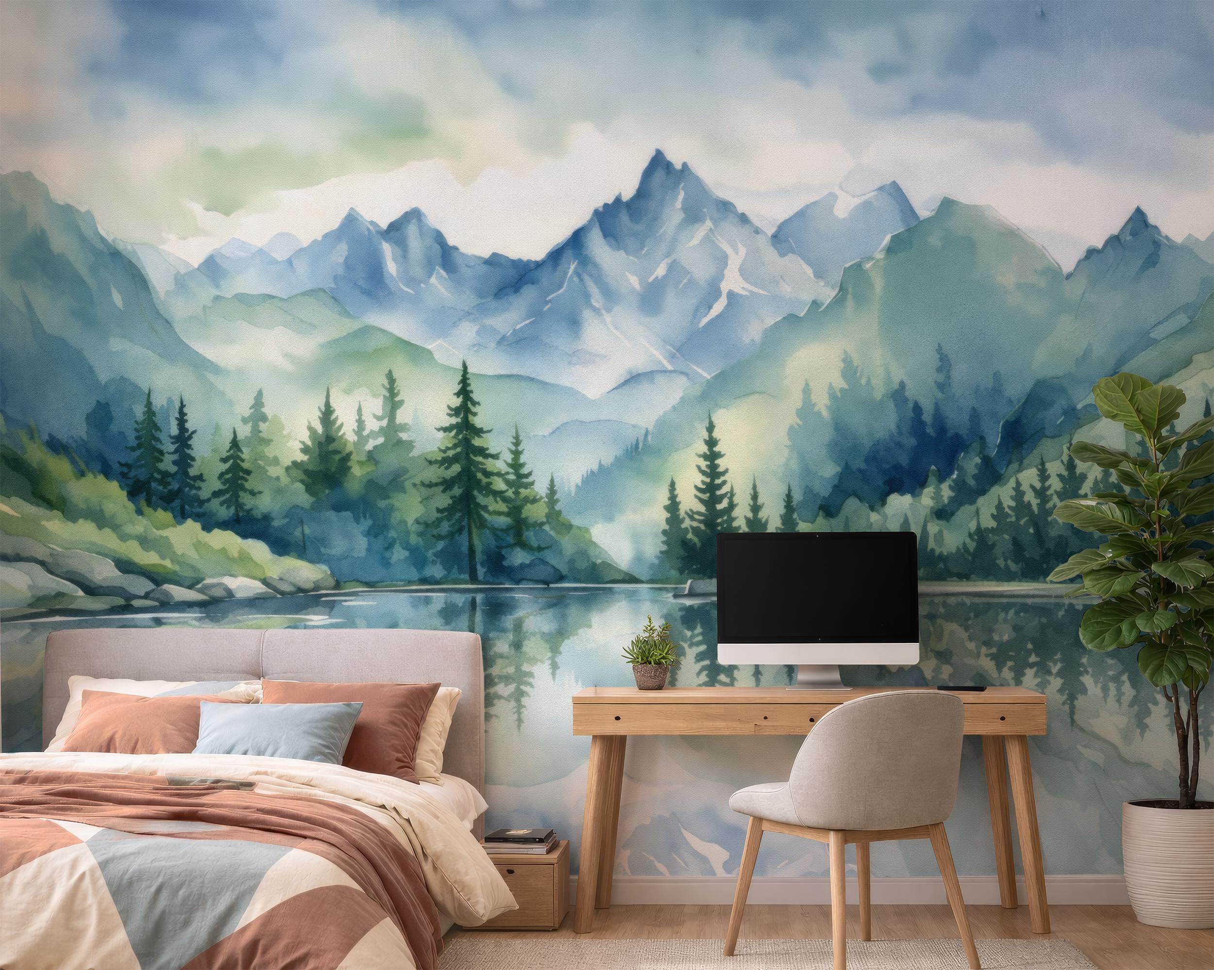 Watercolor Mountain Wall Mural, Nature Landscape Wallpaper, Lake Forest ...
