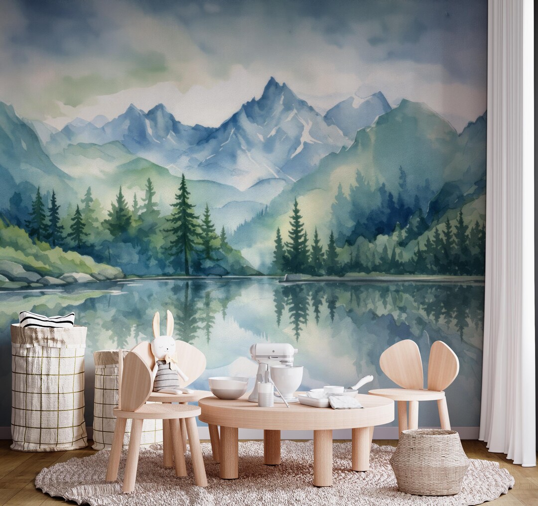 Watercolor Mountain Wall Mural, Nature Landscape Wallpaper, Lake Forest ...