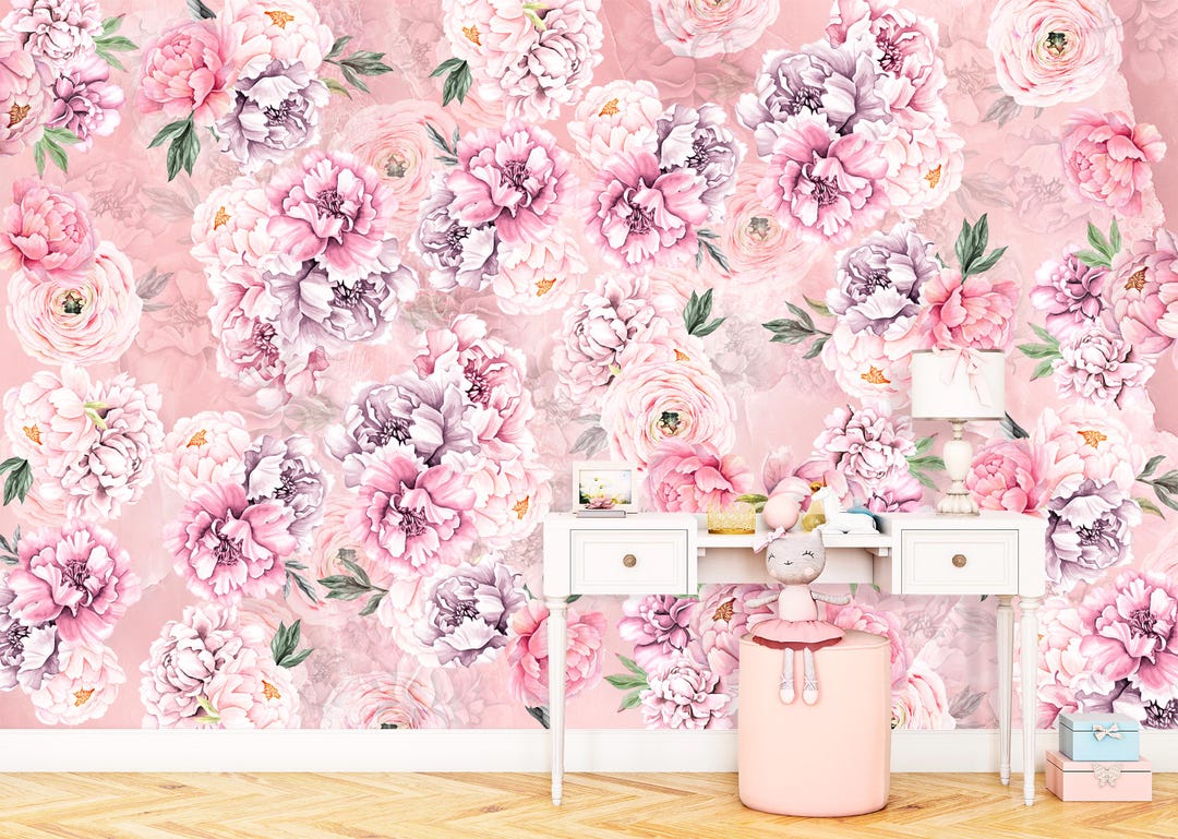 Pink Peony Wall Mural, Watercolor Floral Wallpaper, Girls Room Bloom ...