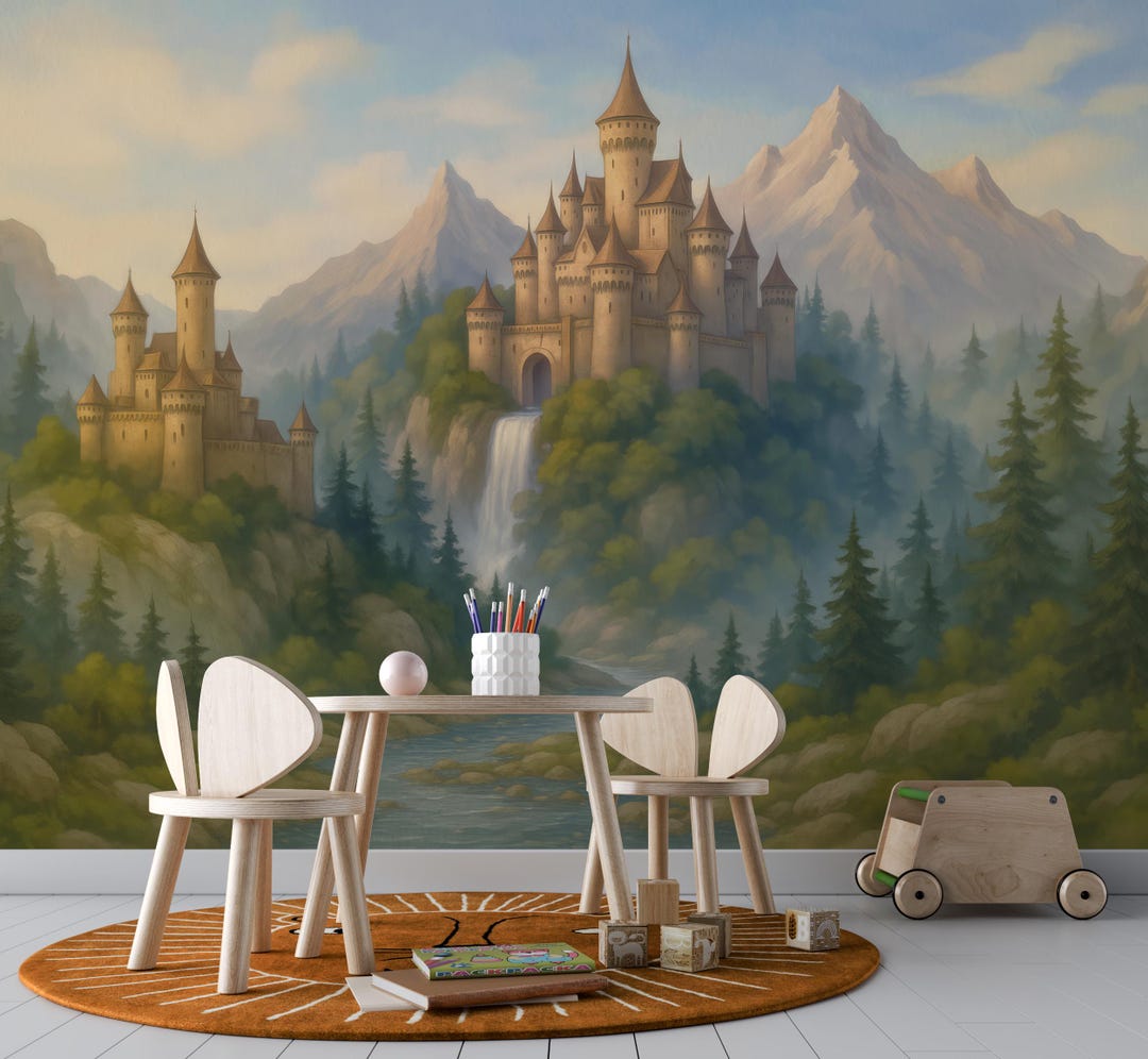 Epic Castle Wall Mural, Fantasy Mountain Landscape Wallpaper, Peel and ...