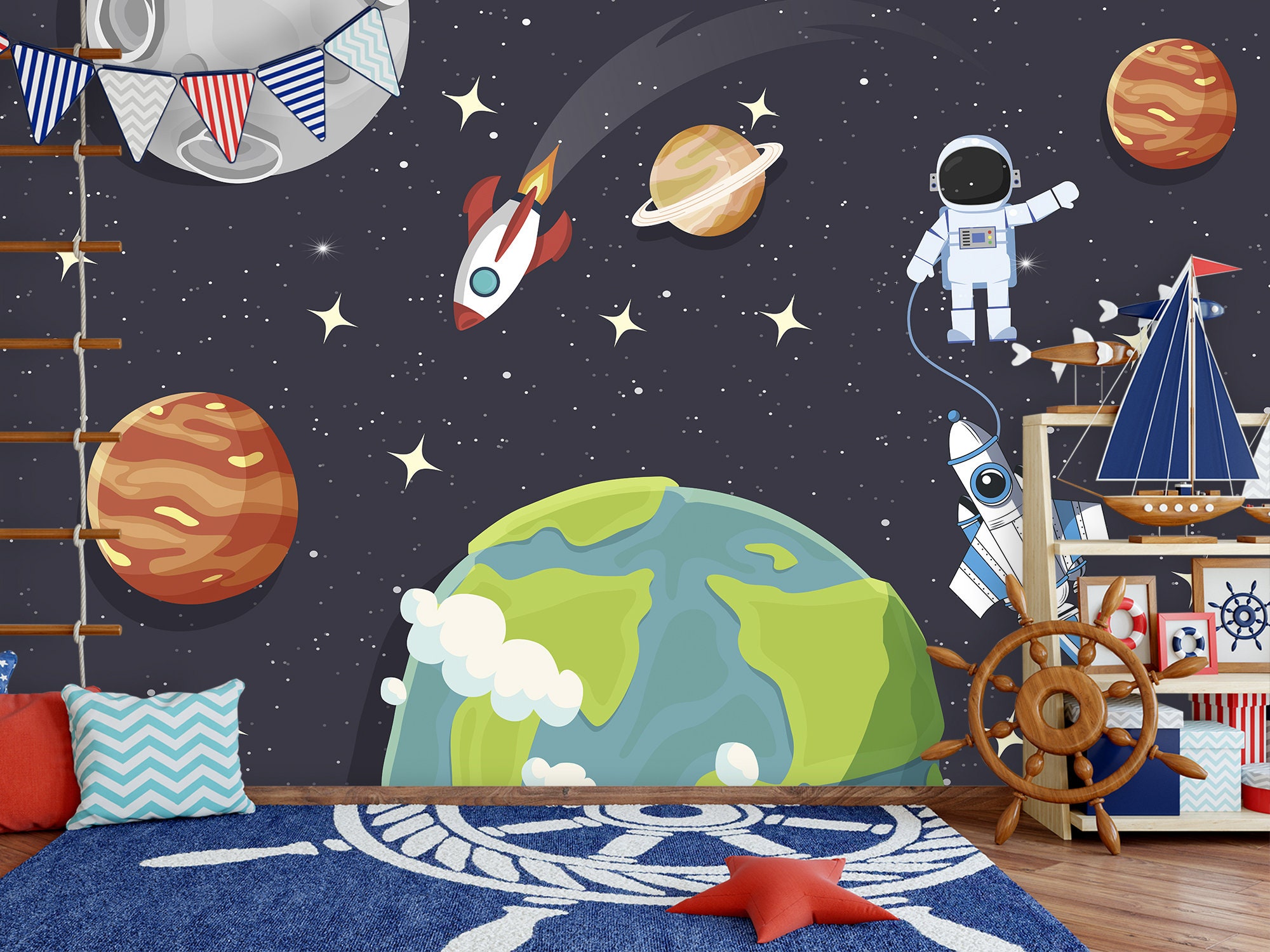 Galaxy Wallpaper Mural Baby Boy Room Removable. Spaceman Wallpaper Dark