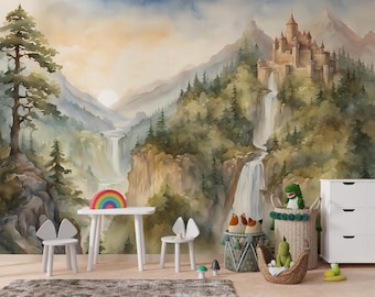 Watercolor Castle Wall Mural, Enchanted Forest Nursery Wallpaper Peel and Stick, Mountain Waterfall Kids Room Decor, Storybook Mural