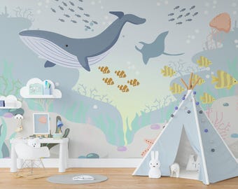 Ocean Wallpaper for  Nursery Blue Adhesive,  Sea Creatures Wallpaper Mural Removable, Nautical Wallpaper Peel and Stick. Non Woven Bedroom