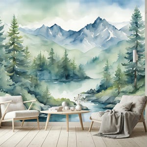 Watercolor Forest Wallpaper Peel and Stick Kids Room, Blue Ombre Mountain Wall Mural Nursery, Magic Forest Wall paper Removable Decor SO601 image 2