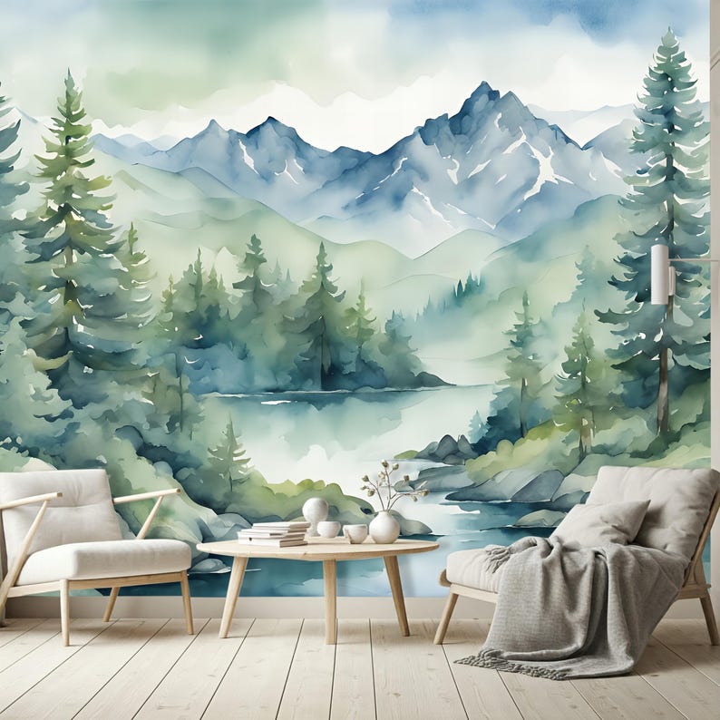 Watercolor Forest Wallpaper Peel and Stick Kids Room, Blue Ombre Mountain Wall Mural Nursery, Magic Forest Wall paper Removable Decor SO601 image 2