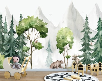 Woodland Animals Wallpaper Mural Bedroom, Forest Wallpaper Nursery Removable, Watercolor Deer Bear Wall Decor Peel & Stick Adhesive Woven