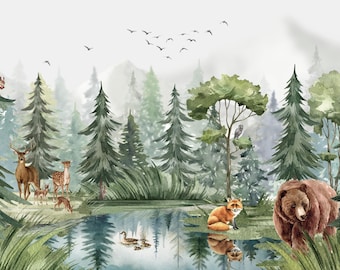 Watercolor Forest Animals Wall Mural, Woodland Nursery Decor, Pine Tree Landscape Wallpaper, Peel and Stick Custom Self-Adhesive Wall Mural