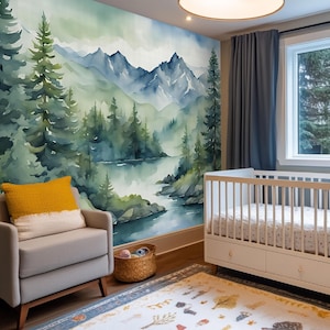 Watercolor enchanted magic forest removable wallpaper, mountains self adhesive woodland wall mural, living room and nursery covering paper